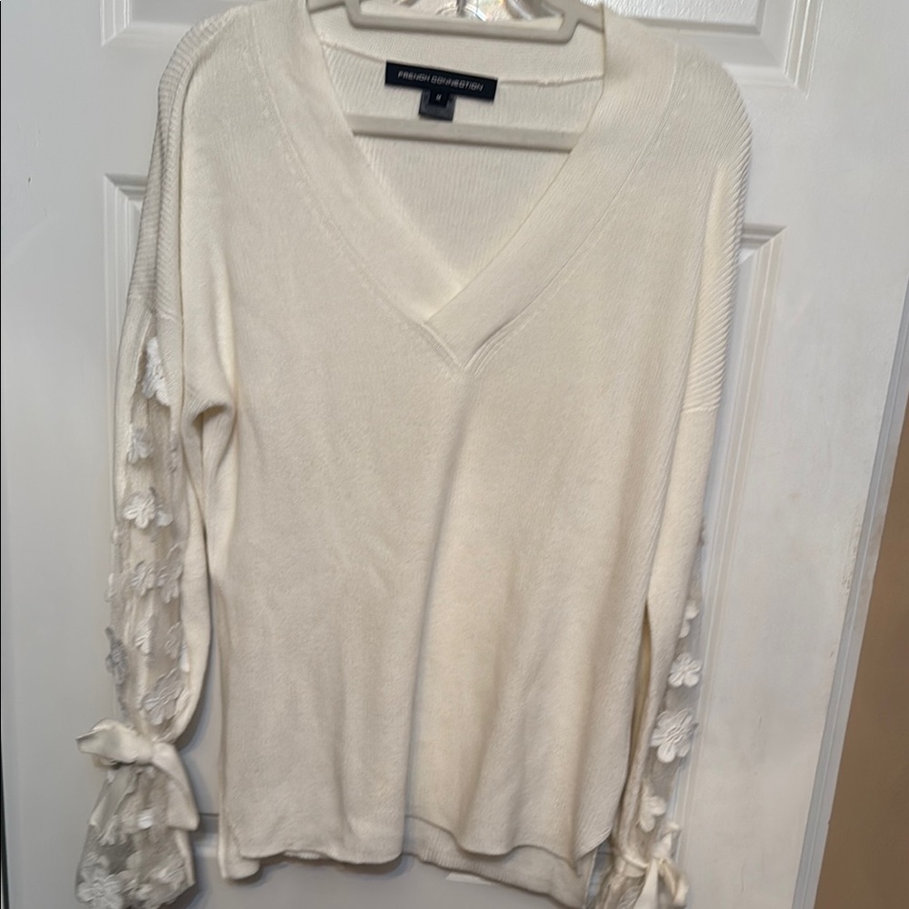 French Connection Cream V-Neck Sweater with Ruffle Sleeves